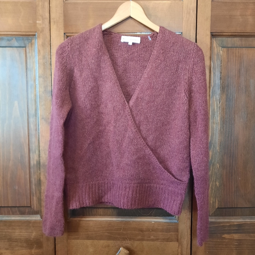 White+Warren Cashmere Faux Wrap Top Burgundy Knit V-neck Sweater Size Small